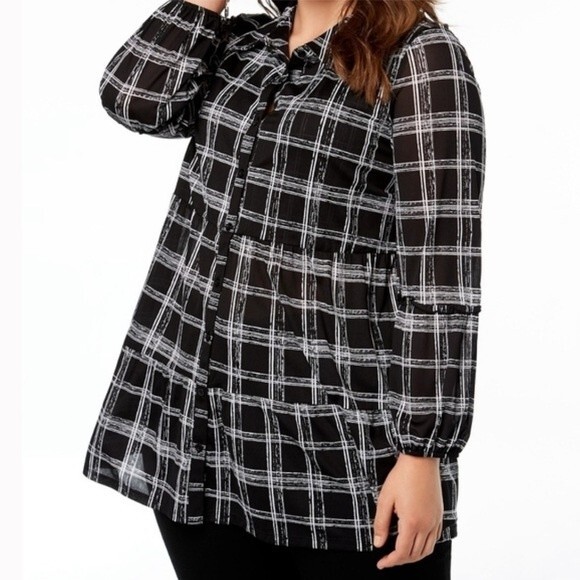 Style & Co Plus Size windowpane Printed Tiered Mesh Top size 3X Long sleeve - Picture 1 of 10